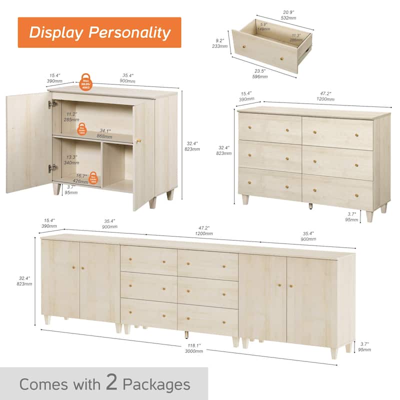Wood Dresser with 6 Drawers and 2 Cabinets for Bedroom, 118" Wide
