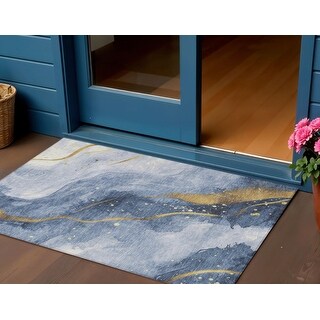 3' X 5' Blue And Gold Abstract Washable Indoor Outdoor Area Rug - 3' x ...