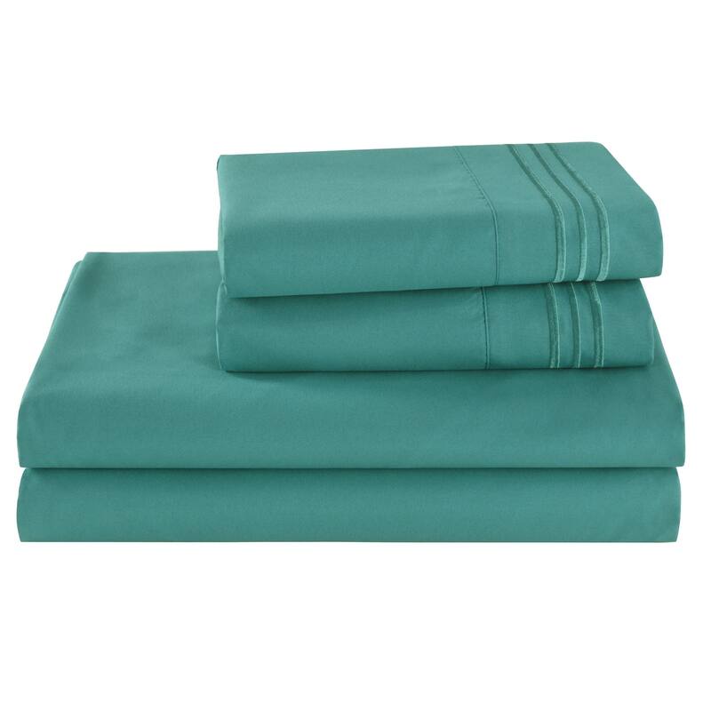 3/4 Pcs Soft Solid & Embroidery Bed Sheets Set - Queen - Dark Teal