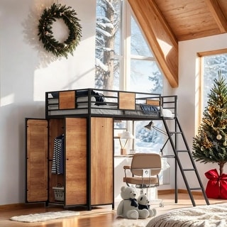 Stylish & Simple Twin Size Loft bed with L-shape Desk and Wardrobe, Sturdy Construction & Safety Guaranteed, Black