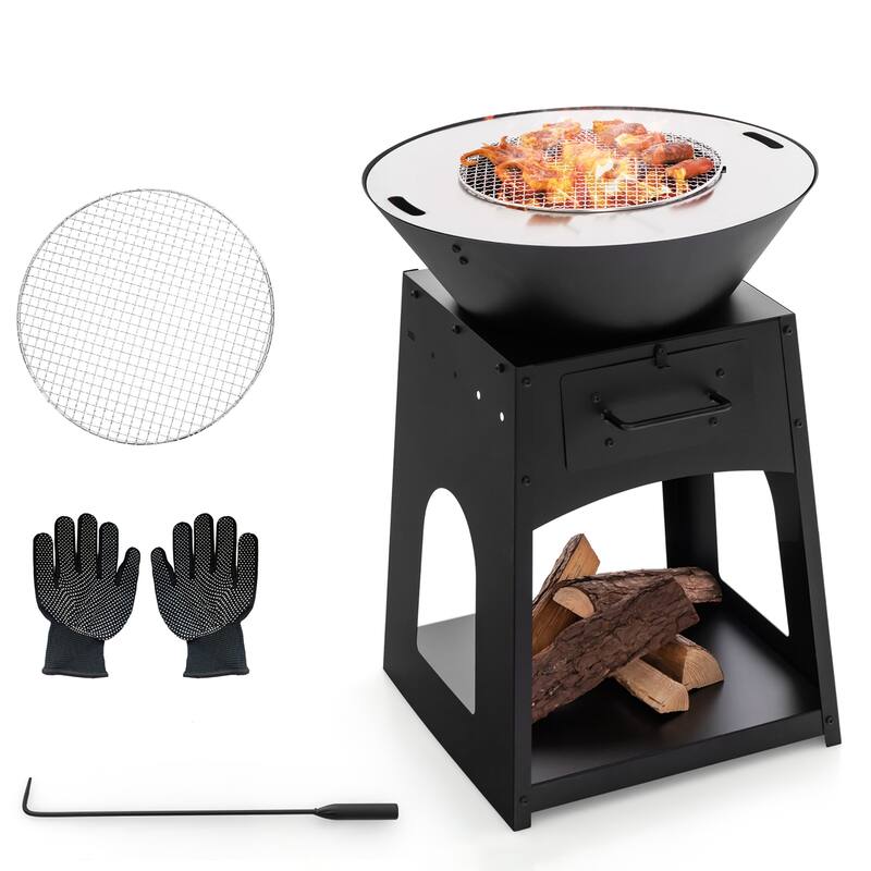 Gymax Patio Fire Pit w/ Firewood Log Rack Outdoor Wood Burning - Black