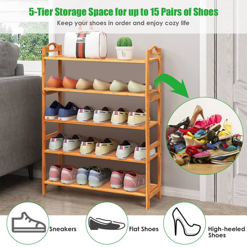 Gymax 5-Tier Bamboo Shoe Rack FreeStanding Shoe Shelf Entryway Shoe - See Details