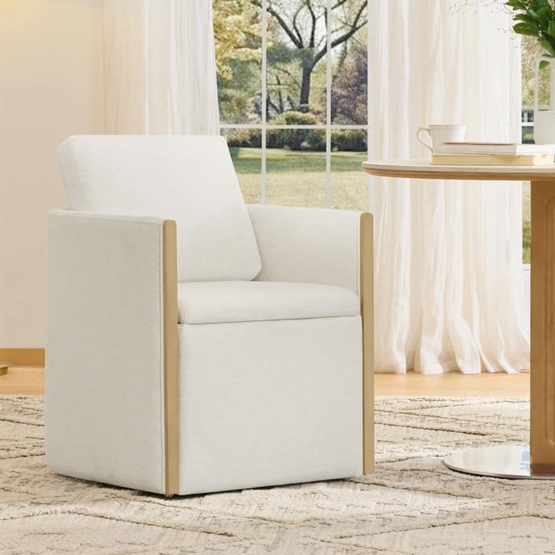 Spruce & Spring Modern Chenille Dining Chair with Casters, Wood Inlay & Hidden Storage - Single - White