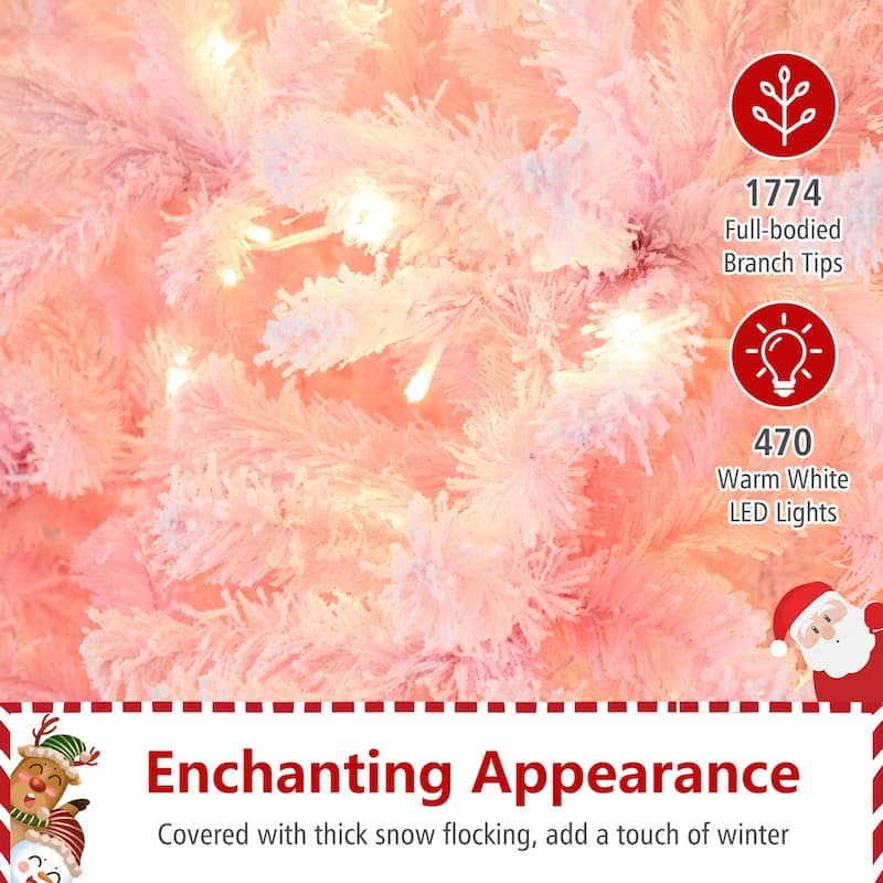 5/6/7/8 FT Pre-Lit Snow Flocked Christmas Tree Artificial Pink Tree - Pink+White
