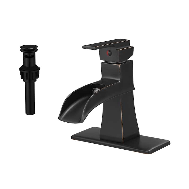 Single Hole Waterfall Bathroom Faucet with Pop-up Drain Brass 1 Handle Modern Bathroom Sink Basin Taps with Deck Plate - Oil Rubbed Bronze