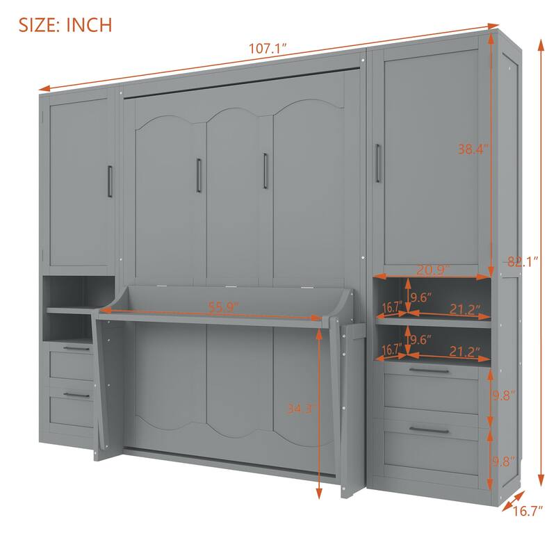 Superior Quality Full Size Murphy Bed Wall Bed with Closet, Drawers & Shelves, Multifunctional Space-Saving Solution, Gray