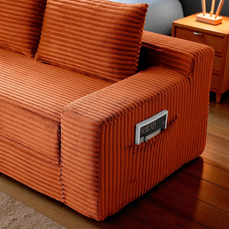 Memory Foam Cloud Loveseat, 2-in-1 Convertible Corduroy Folding Couch Bed, No-Assembly Floor Sofa with Storage Pockets