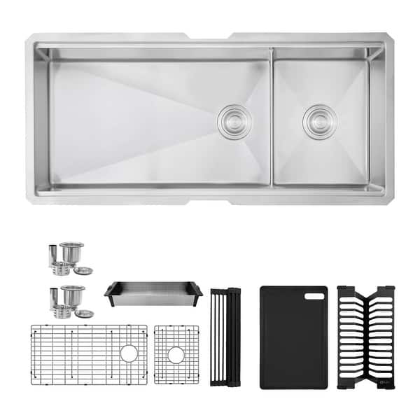 slide 2 of 14, STYLISH 42 inch Stainless Steel 16G 70/30 Double Bowl Workstation Kitchen Sink - 42" x 19" x 10" Brushed Stainless Steel with Black Accessories