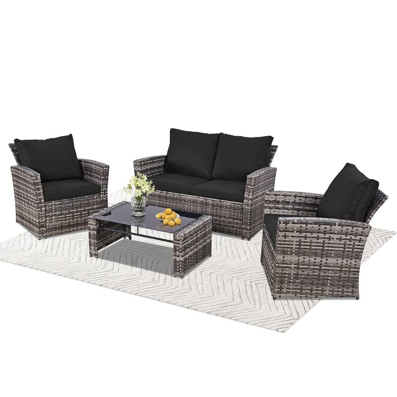 4-Piece Wicker Outdoor Sofa Set, 1 Loveseats, 2 Single Sofas, 1 Table