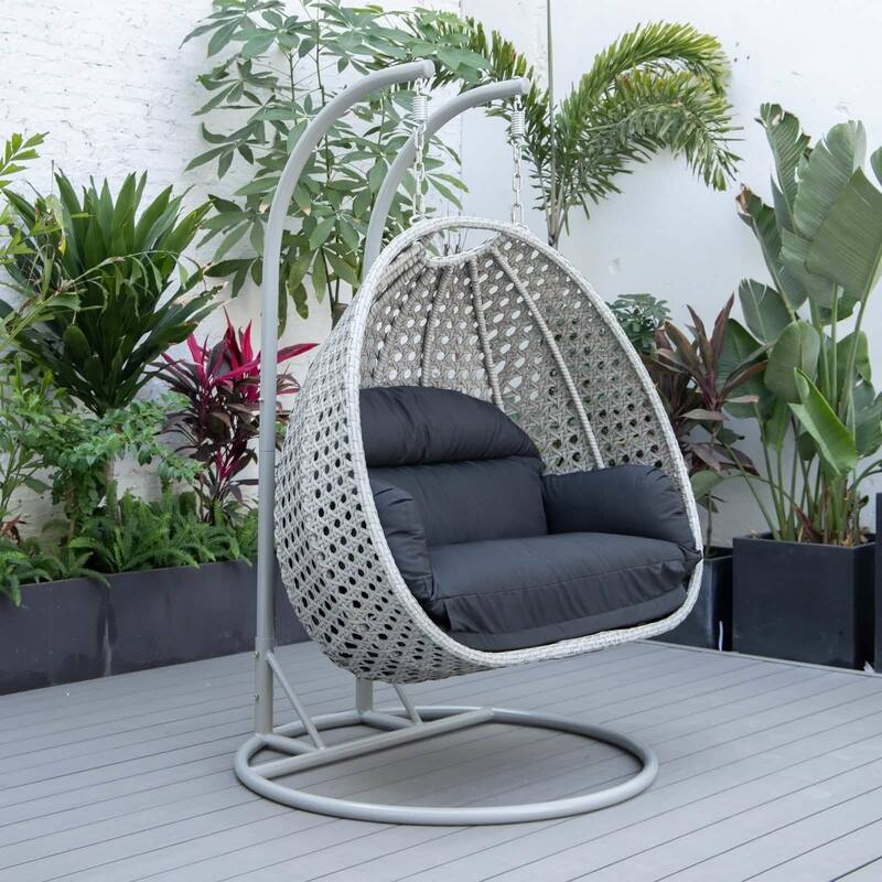 Mendoza 2-Person Hanging Egg Swing Chair with Iron Metal Stand Handcrafter Grey Wicker Hammocks for Outdoor Patio or Indoor Use