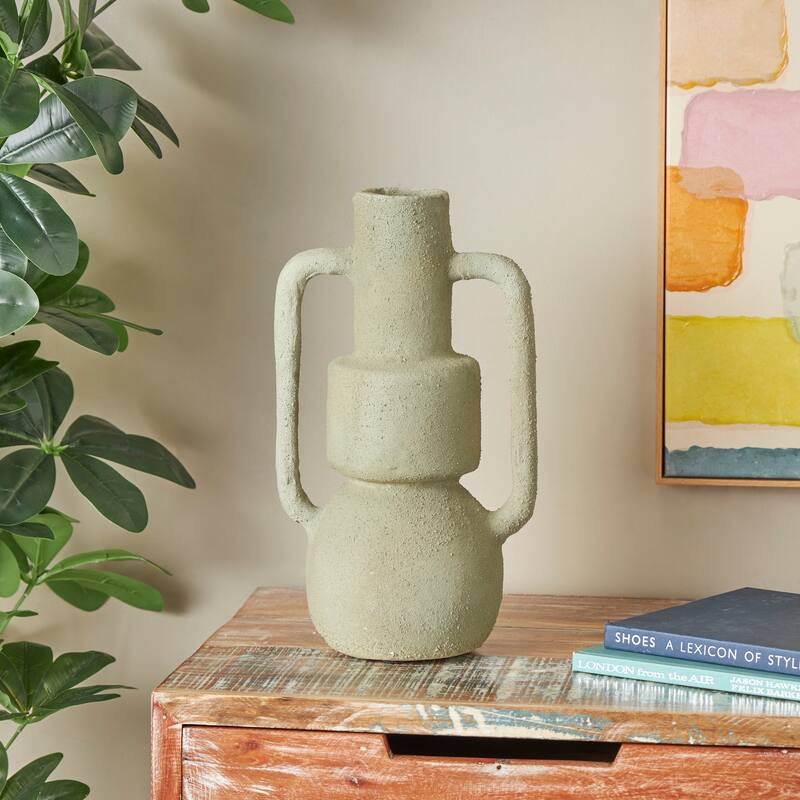 Light Gray Paper Mache Abstract Textured Vase with Squared Handles - Light Gray - 9"W, 16"H