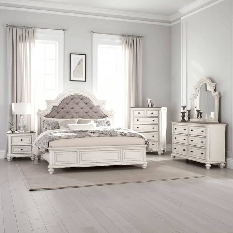 Anik 4 Pc Queen Size Bedroom Set, Button Tufted, Antique White, Traditional