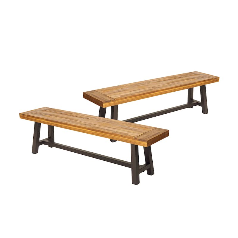 Roomfitters Modern Outdoor Benches with Sandblasted Brown Wood Top and Rustic Metal Legs, Stylish for Garden, Set of 2