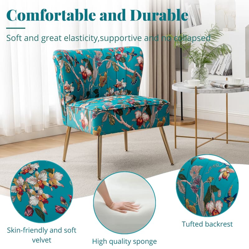 Velvet Floral Accent Chair with Gold Legs, Modern Comfy Tufted Side Chair for Living Room/Bedroom