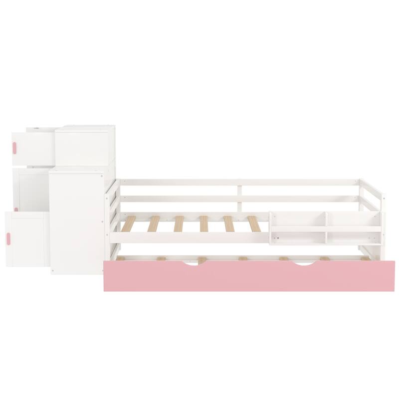 Twin Size Platform Bed with Bookshelf, Movable Wardrobe, Storage Cabinet, Drawer and Pull-out Trundle Bed, Wood Daybed Frame