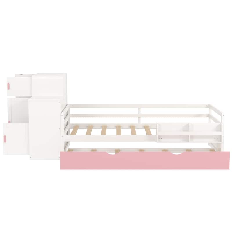Twin Size Wood Platform Bed with Sample Bookshelf and Movable Wardrobe, Multifunctional Bed with Built-in Trundle Bed, White