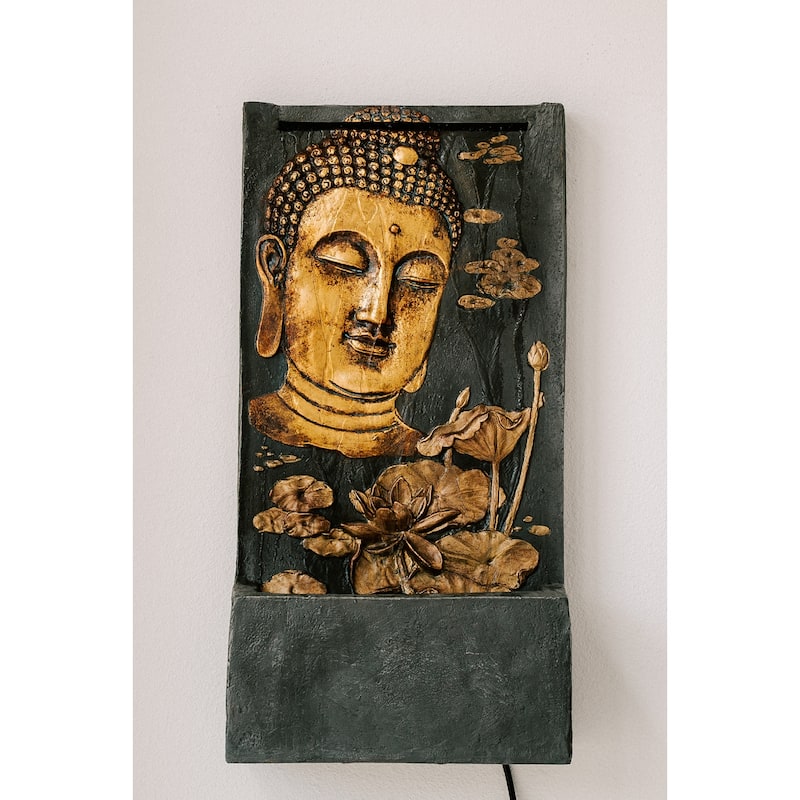 XBrand 29.5"H Bronze and Natural Polystone Indoor Outdoor Buddha Face Water Fountain w/Pump and Splash Guard