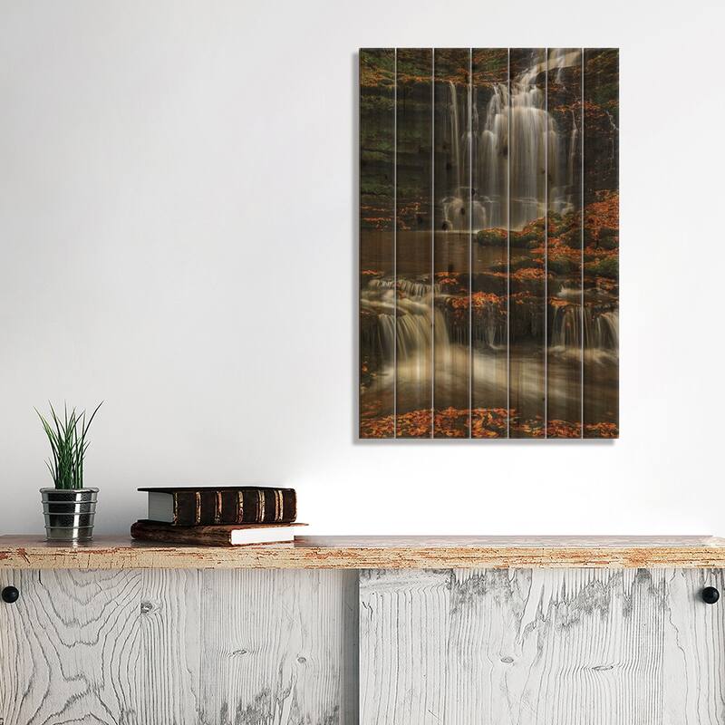 Woodland Waterfall Print On Wood by Adam Burton - Multi-Color