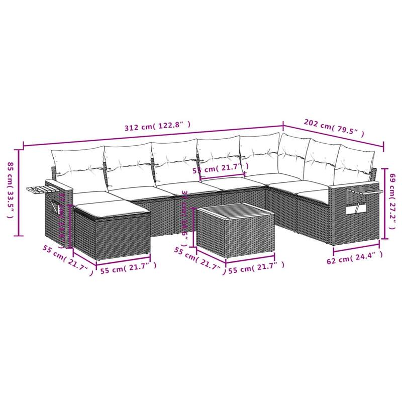 vidaXL Patio Sofa Set with Cushions Outdoor Conversation Furniture Poly Rattan - 21.7 x 21.7 x 14.6 in