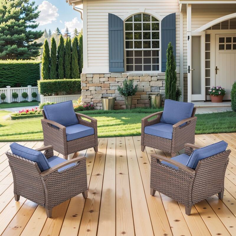 Pocassy Outdoor Brown Wicker Funitre with Cushion Set - Blue Cushion - 2PCS Patio Chairs