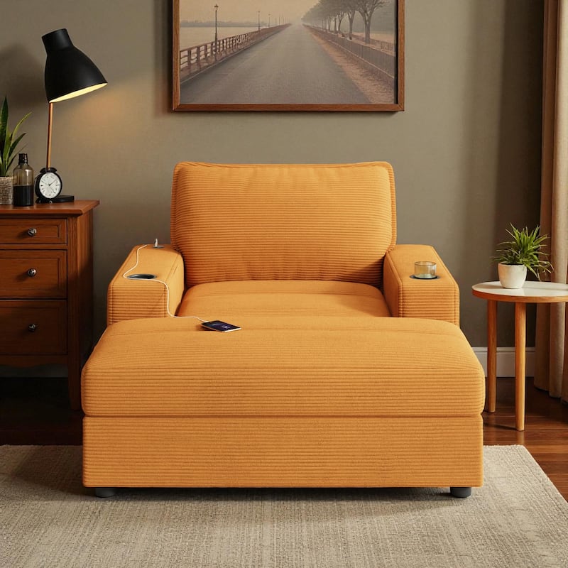 Oversized 42.8" Chaise Lounge Chair with Storage Ottoman, Corduroy Sleeper Chair with Cup Holders & USB Port for Living Room - Yellow