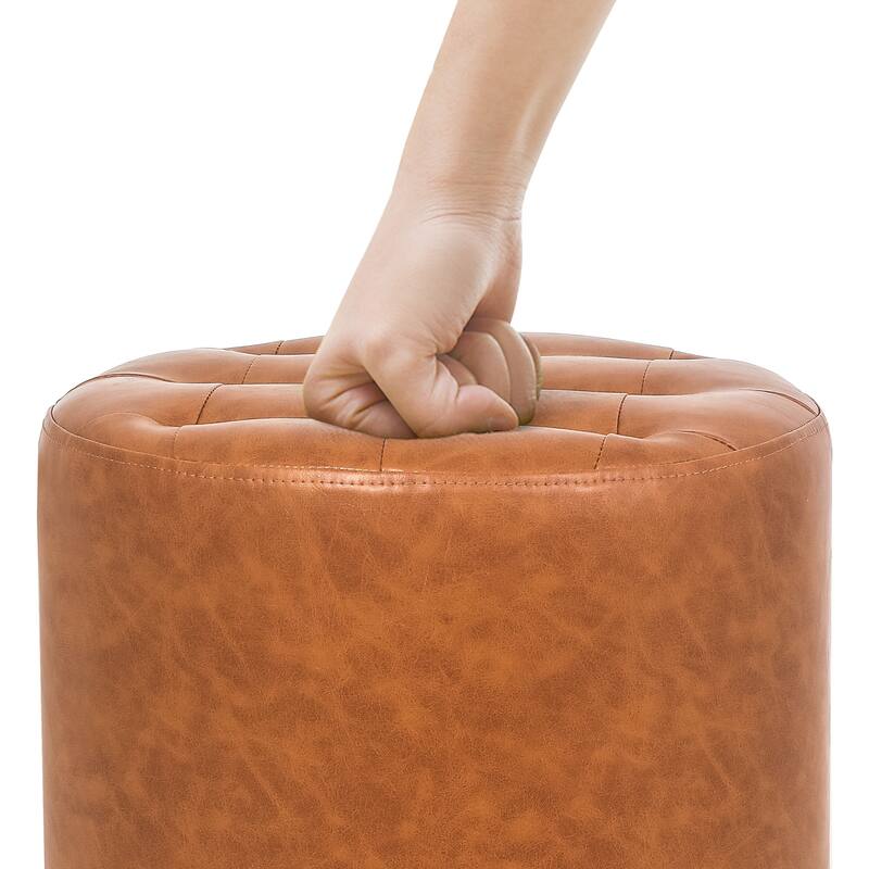 Adeco Round Ottoman Upholstered Tufted Faux Leather Footrest