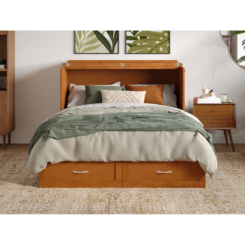 Full Murphy Bed Chest with Mattress & Storage - Light Toffee Finish