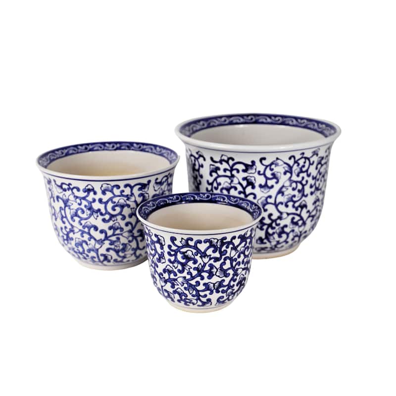 Euro Ceramica 3 Piece Blue and White Ceramic Florentine Garden Planter Set - Set of 3 - Blue & White