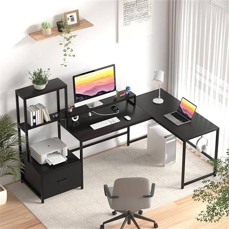 Shaped Desk with Power Outlets - 18.89"D x 70.07"W x 29.52"H - Black