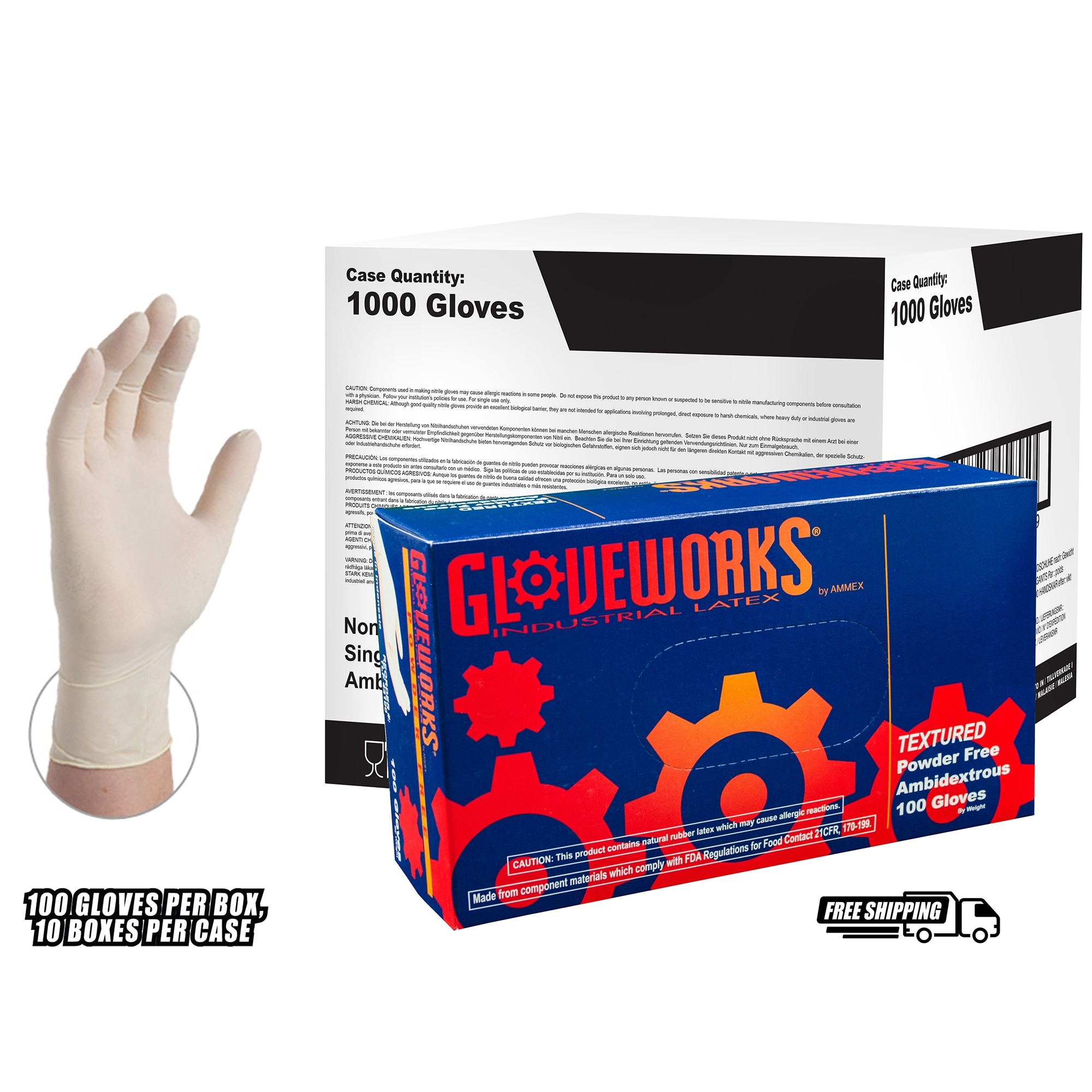 Case of 1000 4 mil AMMEX Gloveworks Disposable Small Industrial Latex Gloves Powder Free TLF42100 White 