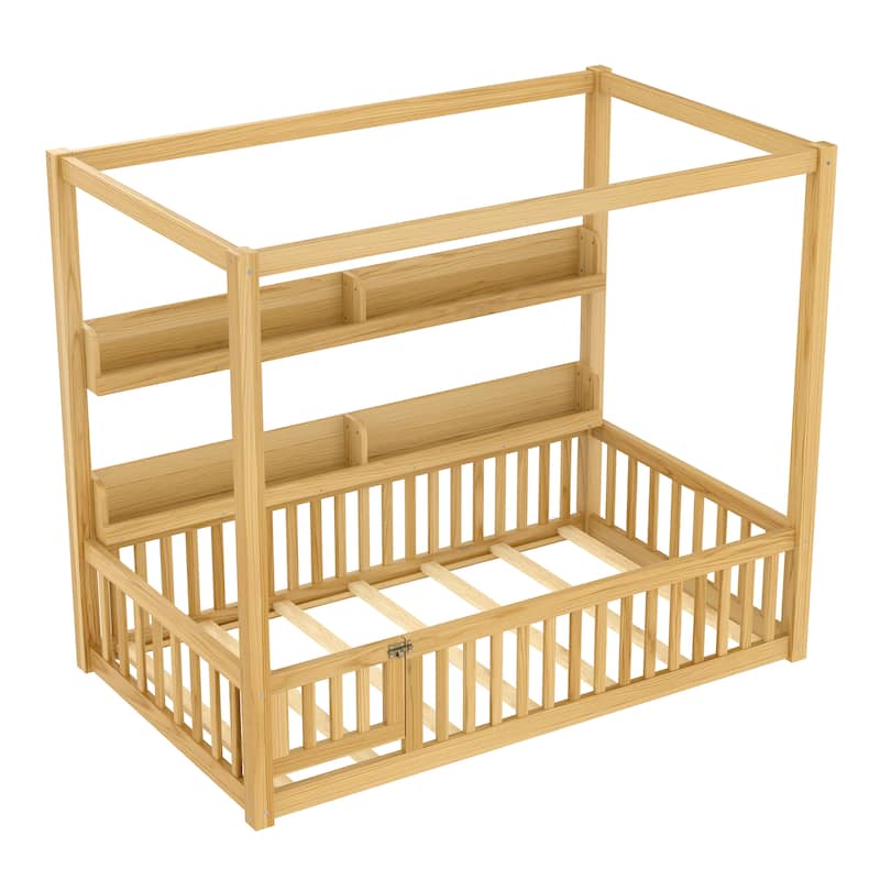 Twin Size Canopy Bed with Guardrails, Solid Wood Floor Bed with Shelves, Montessori Floor Bed Frame, No Spring Box Needed