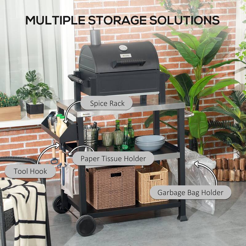 Outsunny Three-Shelf Outdoor Grill cart with Stainless Steel Tabletop, Side Handle, 32" x 20.5" Multifunctional Pizza Oven Stand
