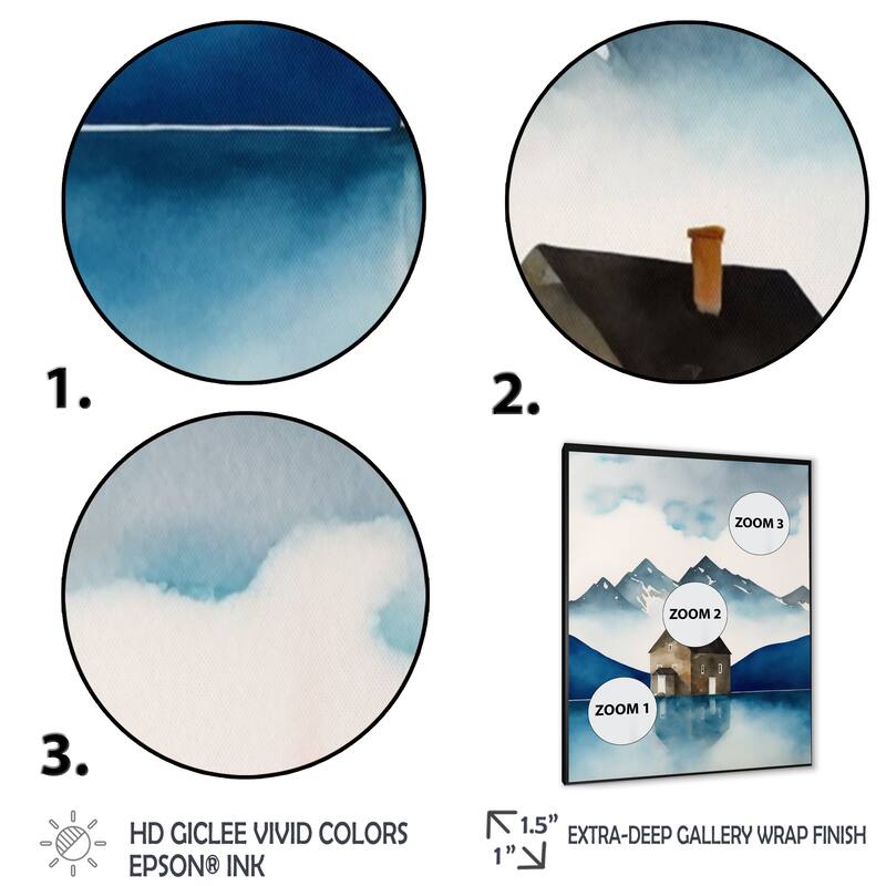 Designart "Cottage House By The Mountain Lake" Landscape Lake Framed Art Print