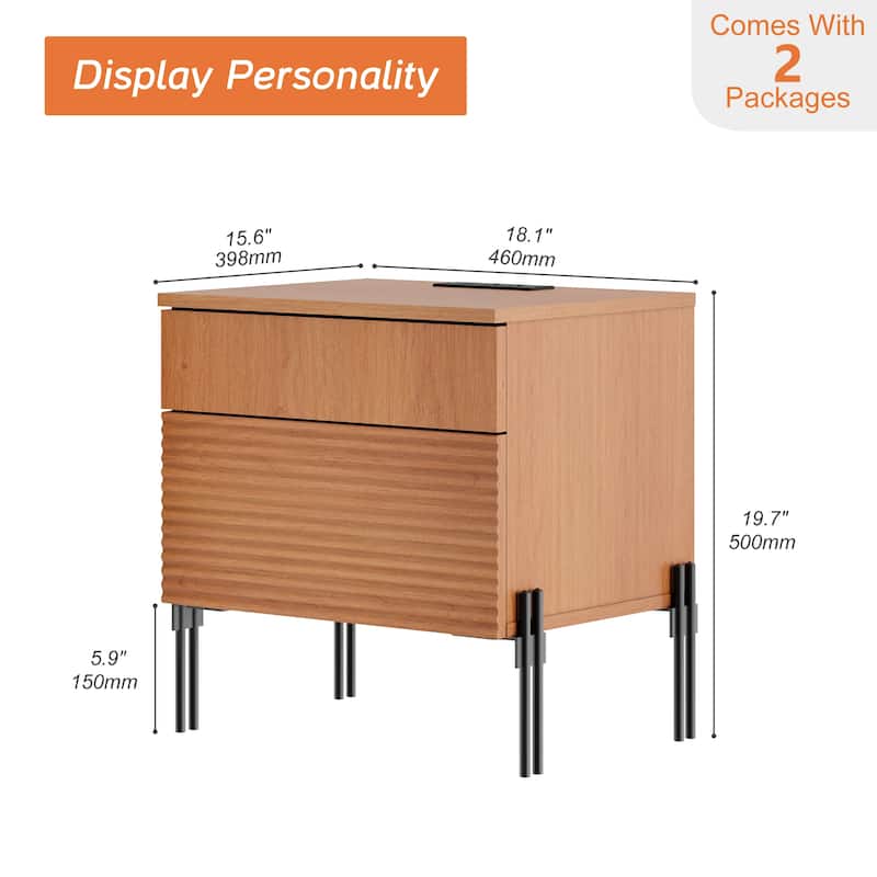 WAMPAT Fluted Nightstand with Charging Station,Modern Side Table with 2 Drawers