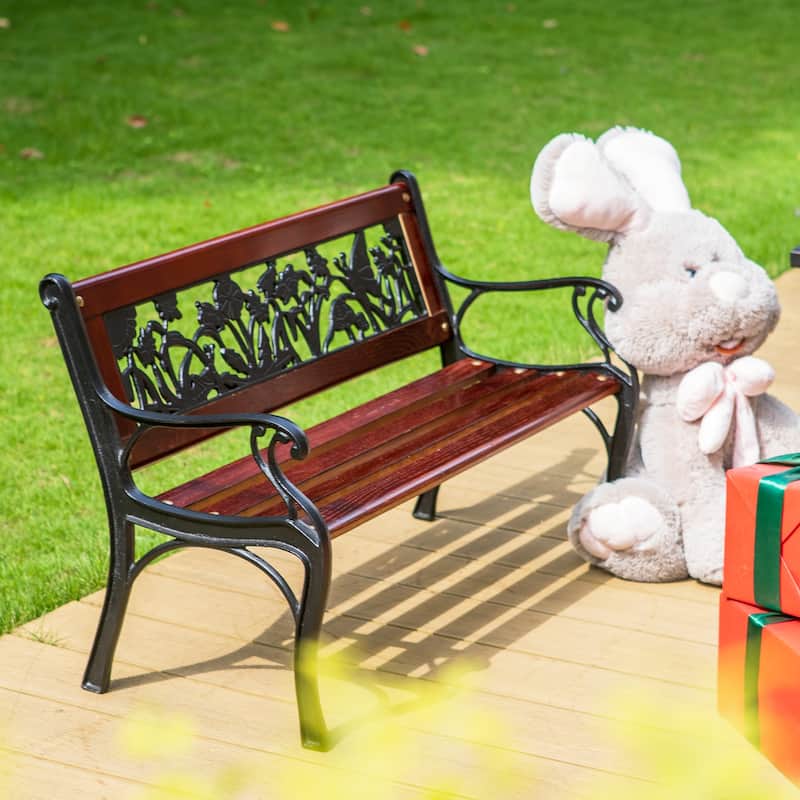 MAISON ARTS Outdoor Garden Bench for Children, 33'' L Metal Bench with Wood Seating & Floral Pattern Back