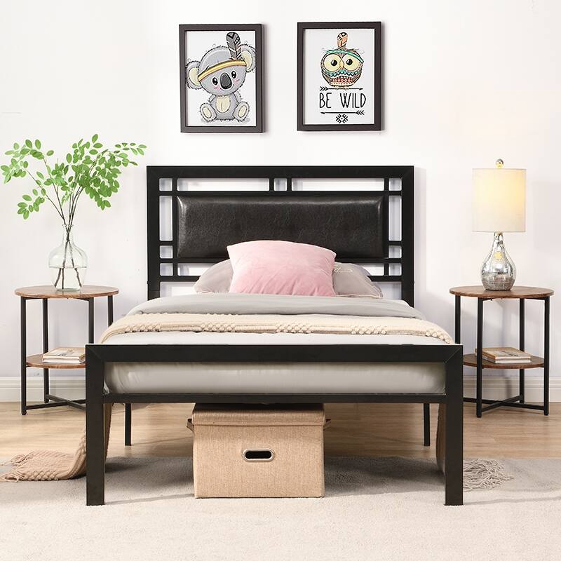 Black Modern Style Sturdy System Metal Bed with Headboard and Footboard for Bedroom