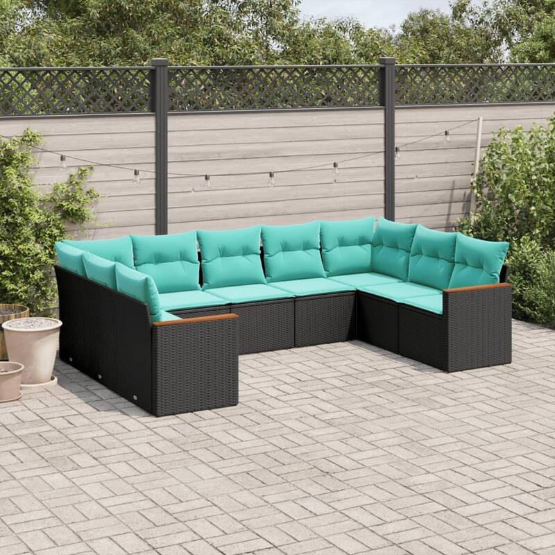 vidaXL 9 Piece Patio Sofa Set with Cushions Black Poly Rattan - 24.4x27.2x24.4 - Without table