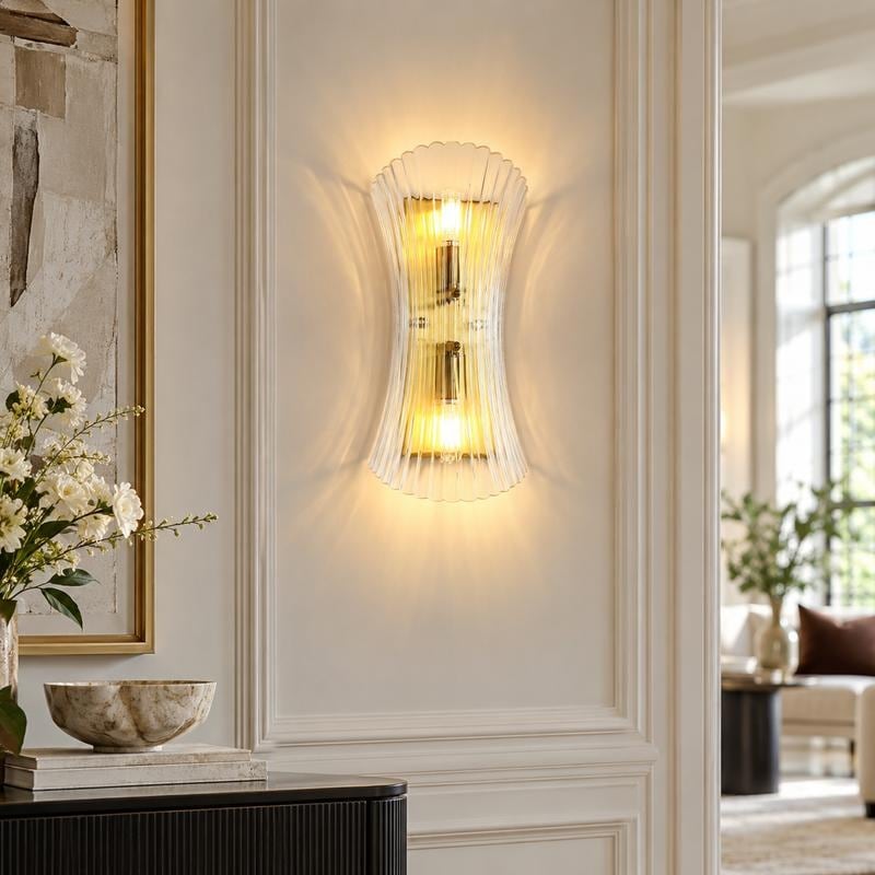 Modern Luxury Gold 2-Light Fluted Glass Wall Sconce with Hourglass Shade for Bathroom Bedroom Hallway - 7.1"W x 4.2"D x 15.2"H