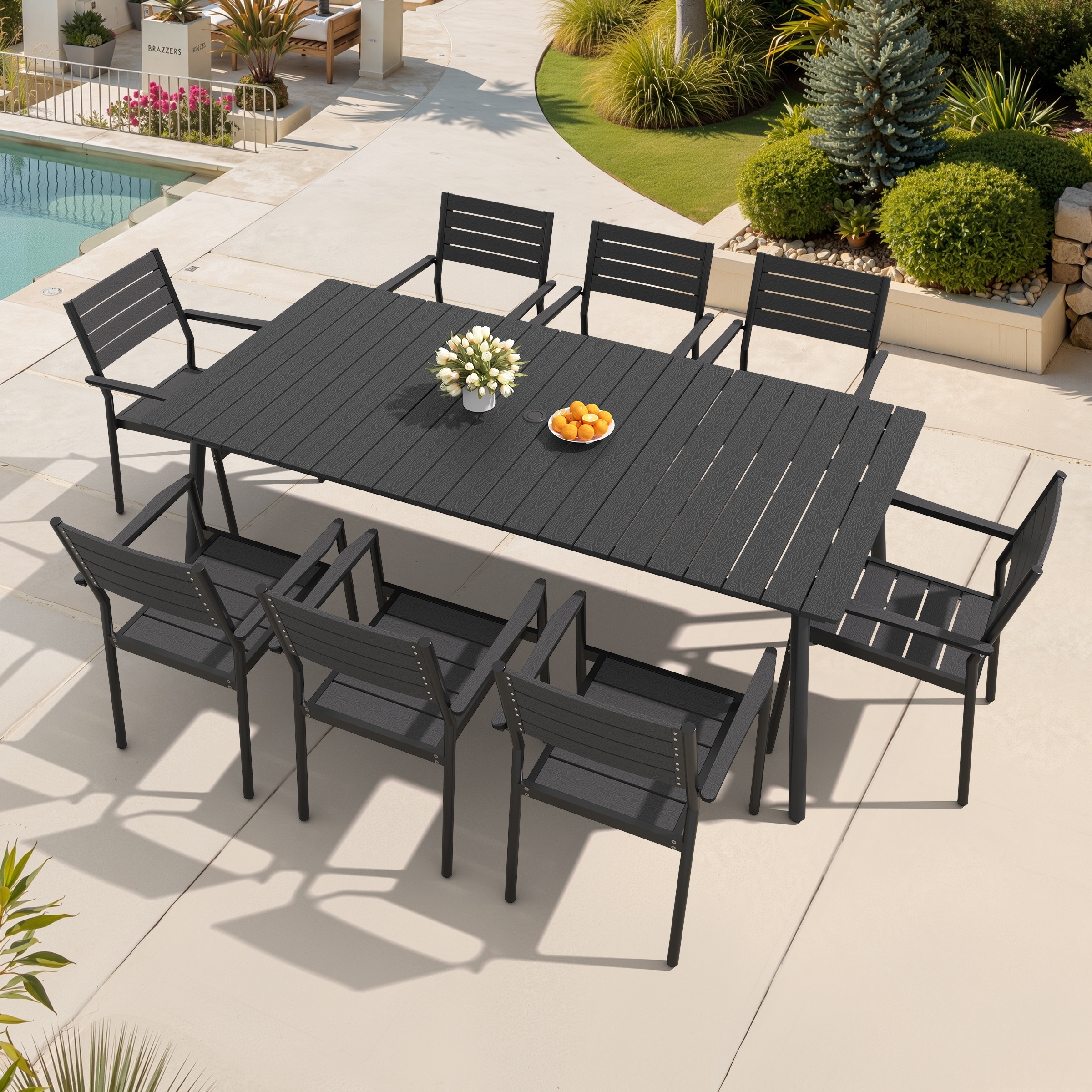 7/9-Piece Outdoor Patio Dining Set Aluminum Dining Table with Umbrella Hole and Stackable Armchairs