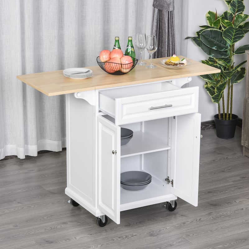 HOMCOM Kitchen Island Cart on Wheels with Extended Counter Drawer Cabinet Towel Racks Versatile Use Natural Wood Top and White