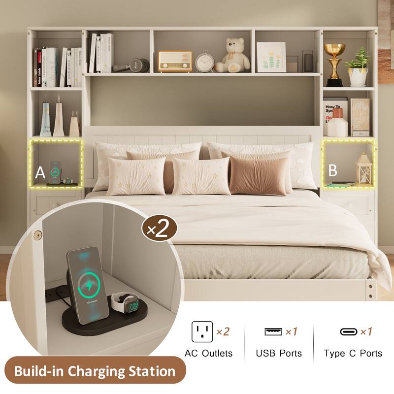 Queen/Full Platform Bed - Pine Wood Frame with Nightstands, Storage & 2 Charging Stations