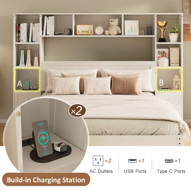 Roomfitters Queen/Full Size Pine Wood Platform Bed with Bookcase Headboard, Nightstands, Storage Drawers and Charging Stations