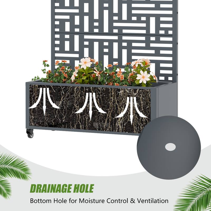 Metal Movable Planter Box with Trellis Privacy Screen Lockable Wheels
