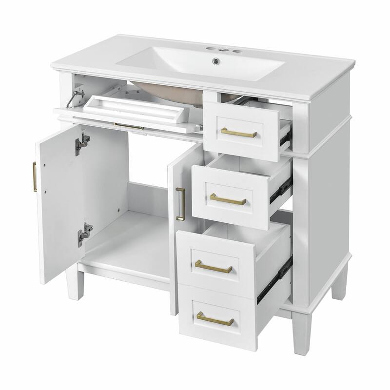 36" Modern Bathroom Vanity with Ceramic Sink, Soft Close Doors, 4 Drawers for Storage