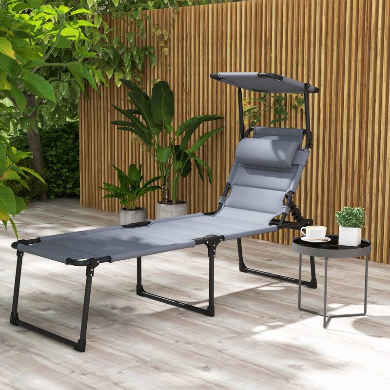 Outdoor Adjustable Backrest Folding Chaise Lounge, Cushioned Tanning Chair with Sunshade Roof & Pillow Headrest