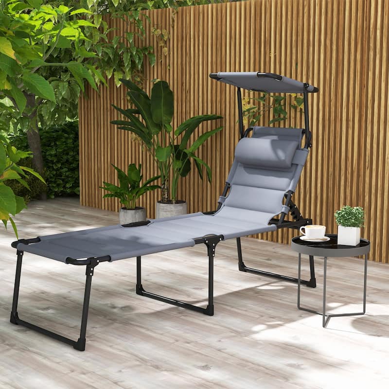 Outsunny Outdoor Chaise, Adjustable Folding Chaise Lounge with 4-position Backrest, Sun Roof, Head Pillow - Grey