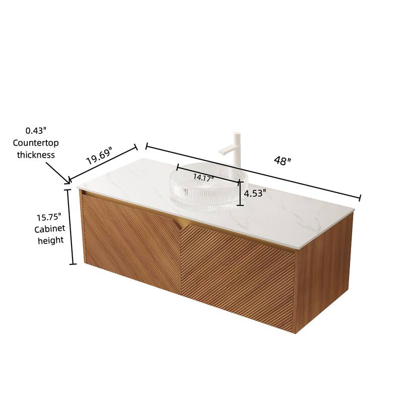 30"/36"/48" Floating Bathroom Vanity with Vessel Sink, Wall Mounted Sintered Stone Countertop Bathroom Storage Cabinet