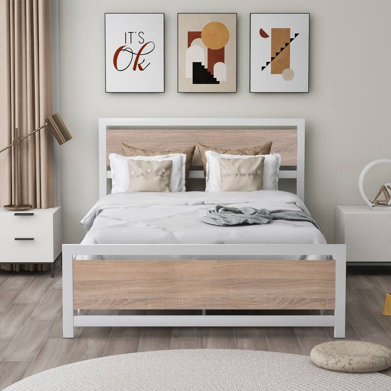 Metal and Wood Bed Frame Platform Bed - White - Full