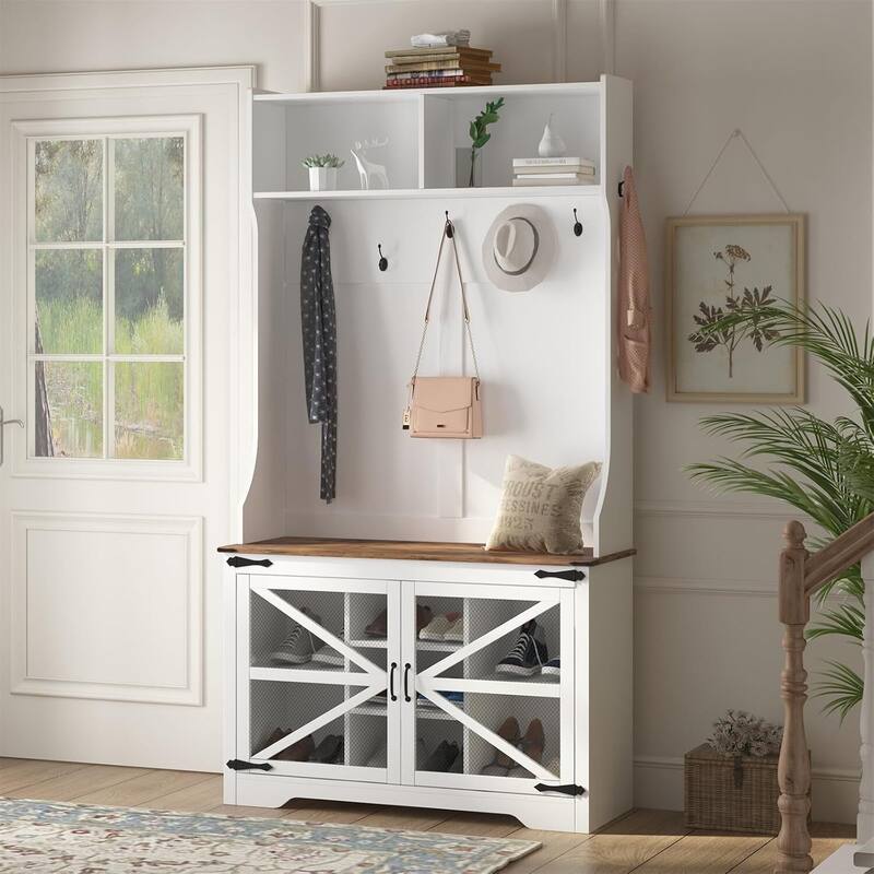 Hall Tree with Bench and Shoe Storage - White