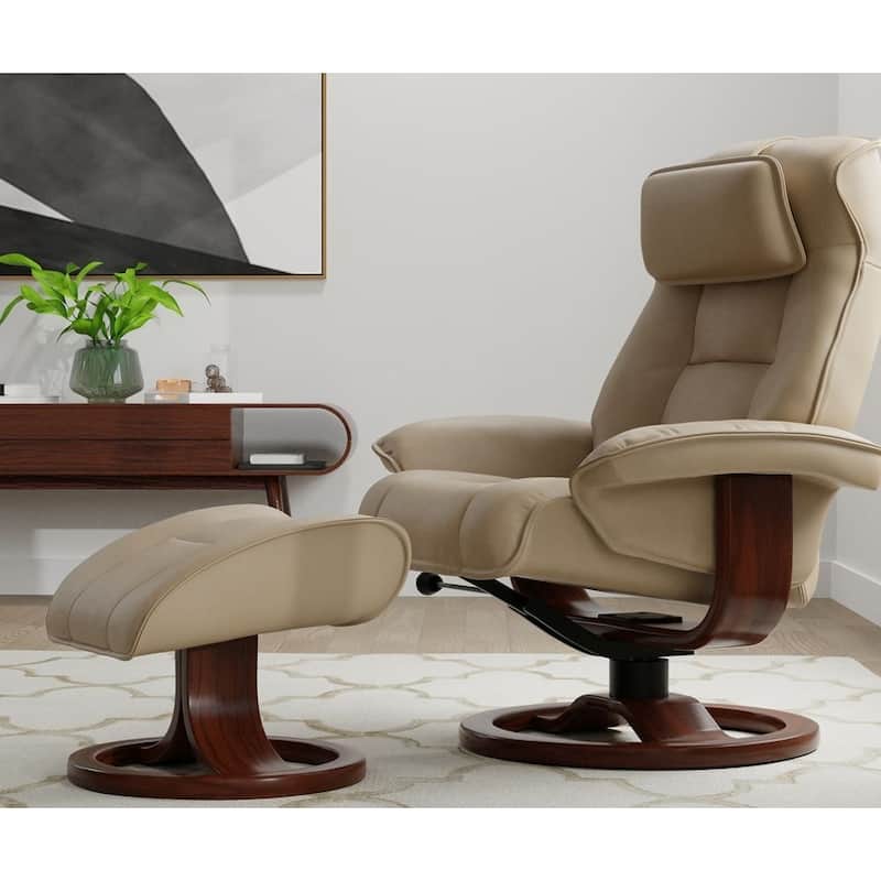 Fjords Mustang Leather Recliner and Ottoman - Large - Stone with Espresso Base